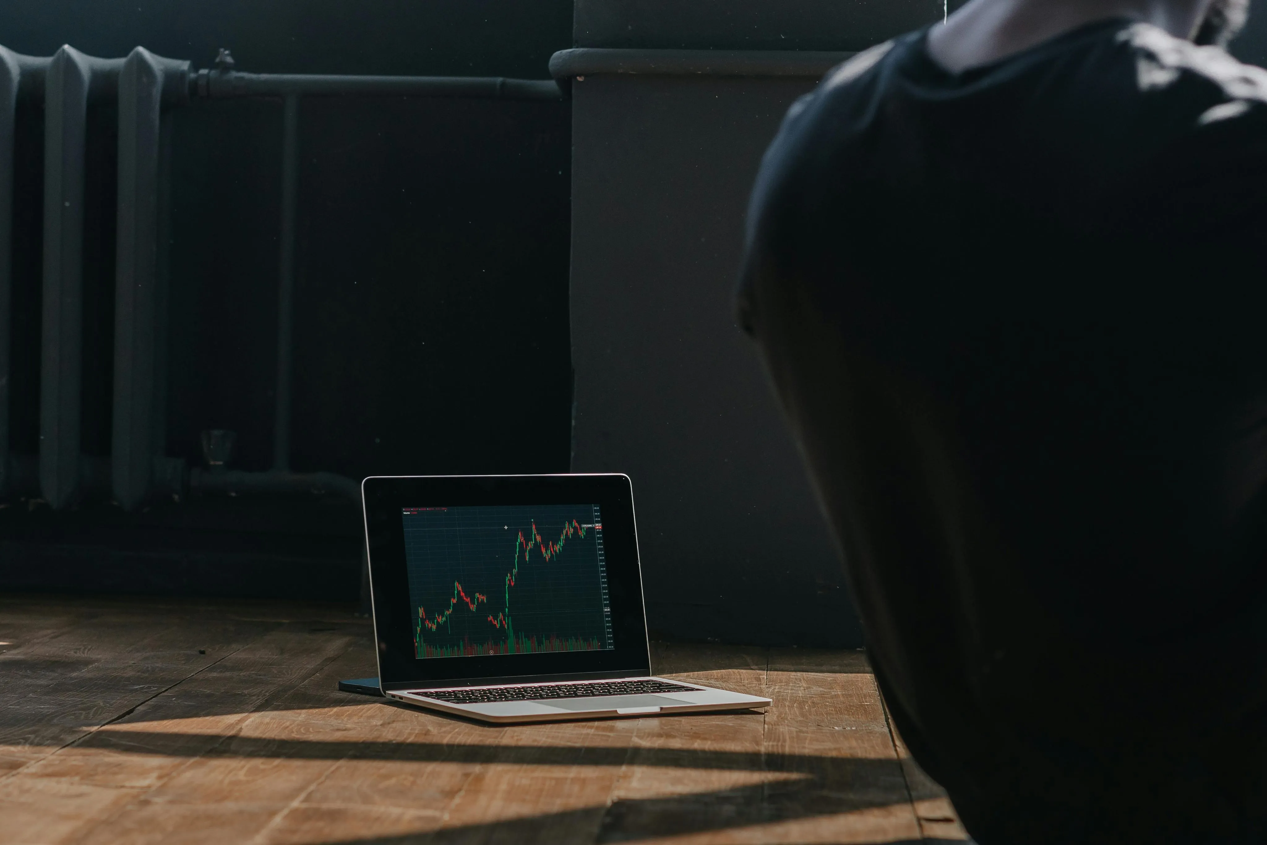 Buying Real Estate at Auction A Person in Black Shirt Sitting on the Wooden Flooring Near a Laptop