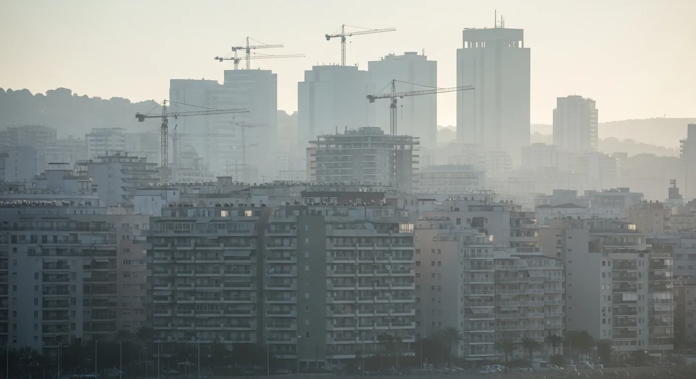 Mediterranean apartment skyline and cranes illustrating property-dependent economic risk