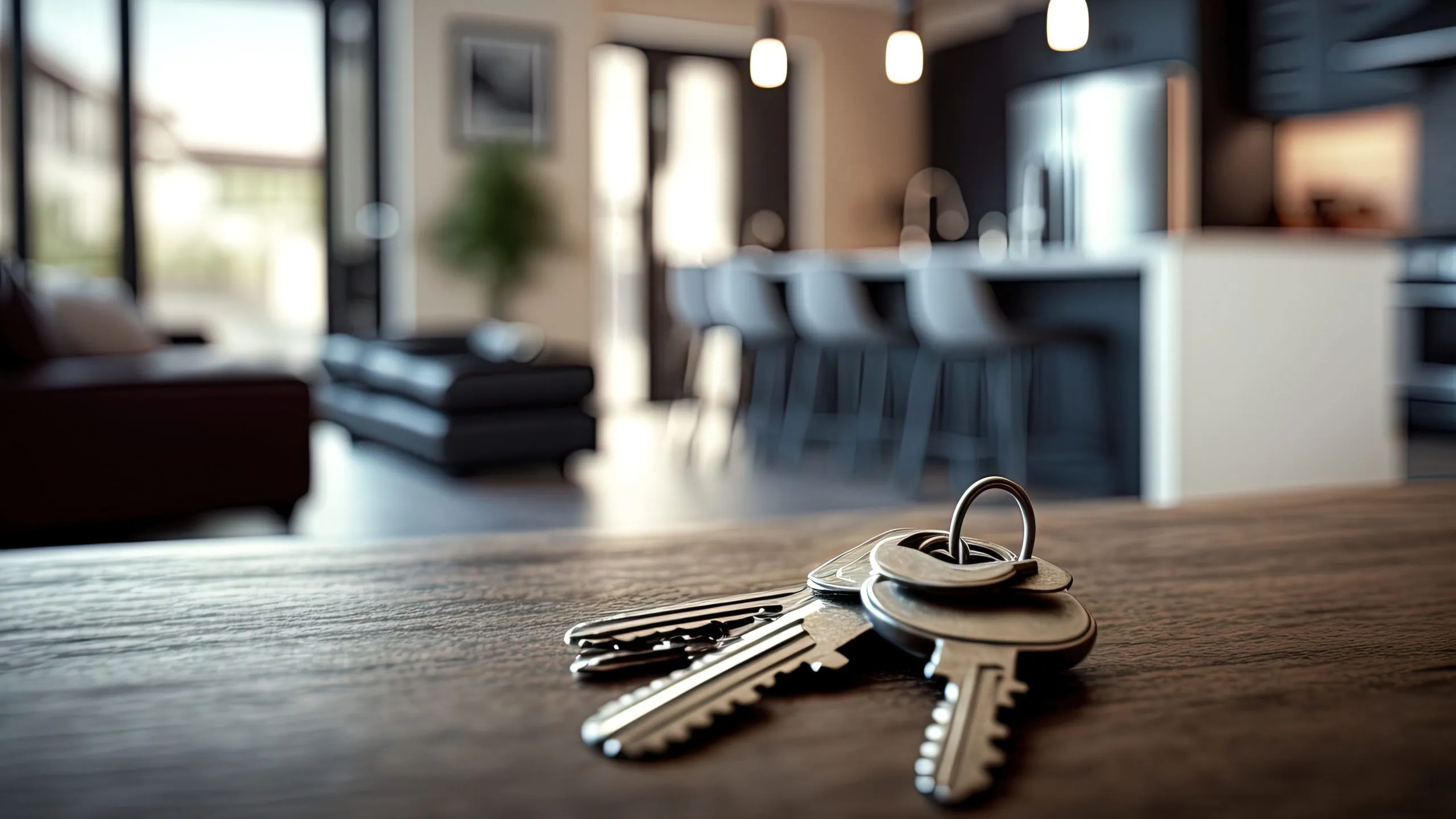 A set of keys resting on a wooden surface in front of a blurred living room.