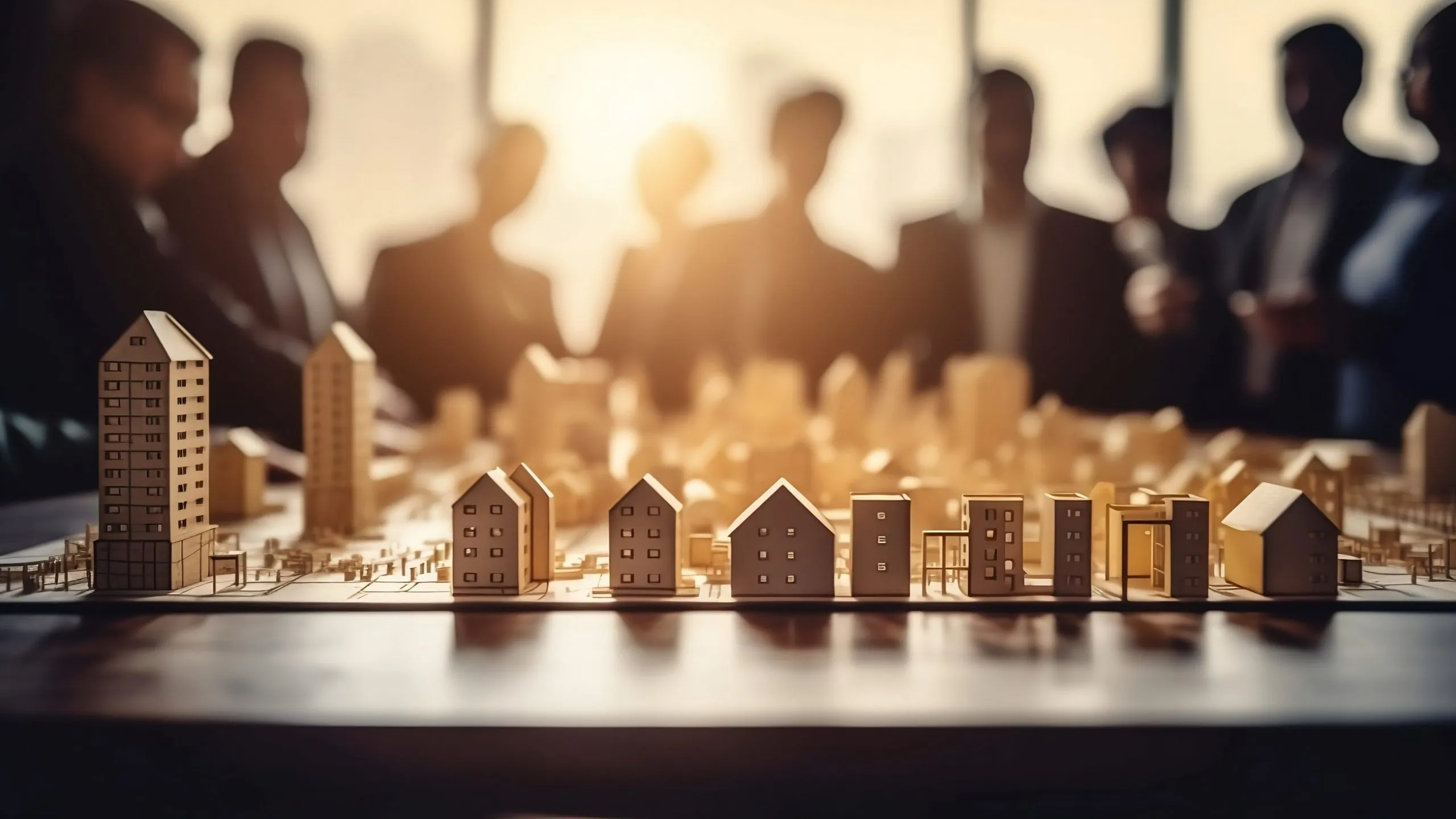A wooden model of a city with people in the background discussing a project.